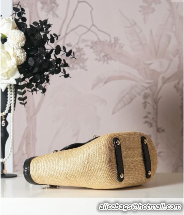 New Design Chanel Raffia Straw and Calfskin Small Shopping Bag AS5951 Beige/Black 2025