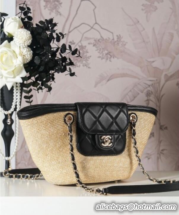 New Design Chanel Raffia Straw and Calfskin Small Shopping Bag AS5951 Beige/Black 2025