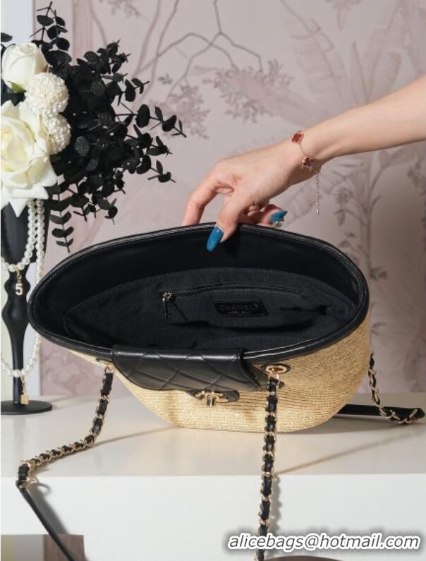 New Design Chanel Raffia Straw and Calfskin Small Shopping Bag AS5951 Beige/Black 2025
