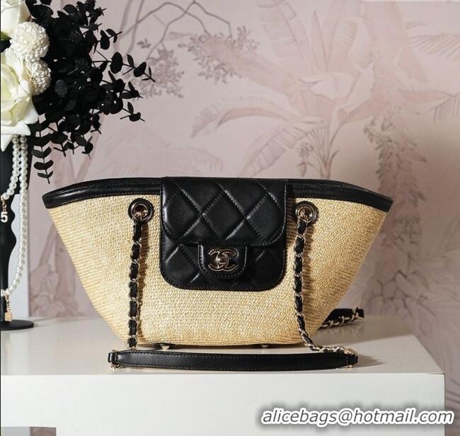 New Design Chanel Raffia Straw and Calfskin Small Shopping Bag AS5951 Beige/Black 2025