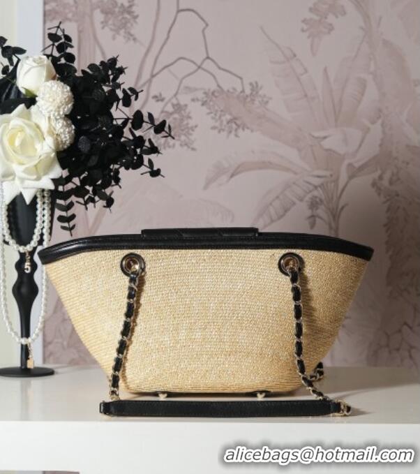 New Design Chanel Raffia Straw and Calfskin Small Shopping Bag AS5951 Beige/Black 2025