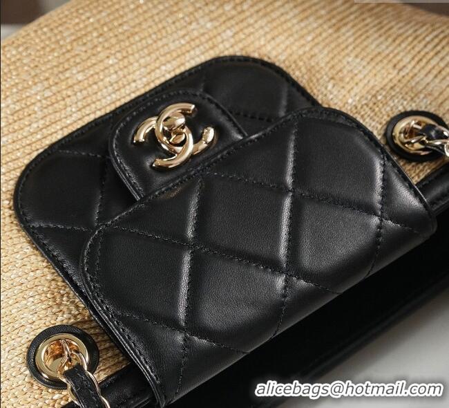 New Design Chanel Raffia Straw and Calfskin Small Shopping Bag AS5951 Beige/Black 2025