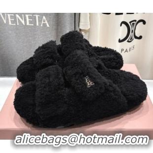 Good Looking Miu Miu Shearling Strap Flat Slides Sandal Black 2025 MIU071001