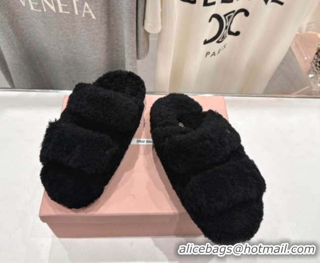 Good Looking Miu Miu Shearling Strap Flat Slides Sandal Black 2025 MIU071001
