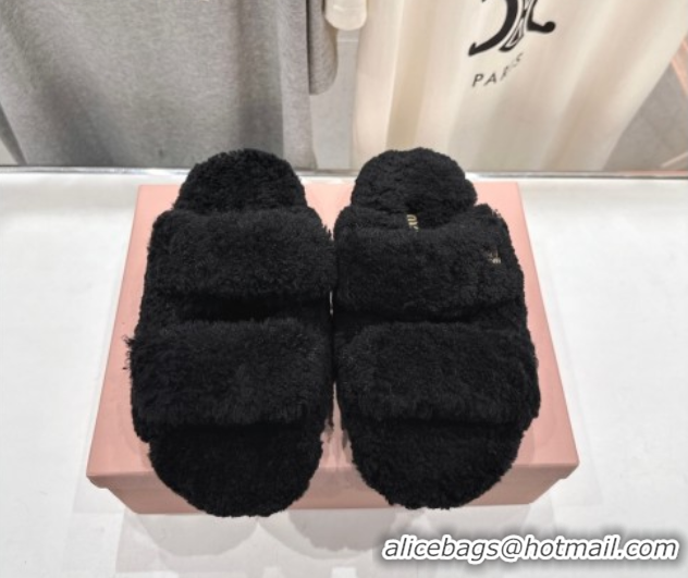 Good Looking Miu Miu Shearling Strap Flat Slides Sandal Black 2025 MIU071001