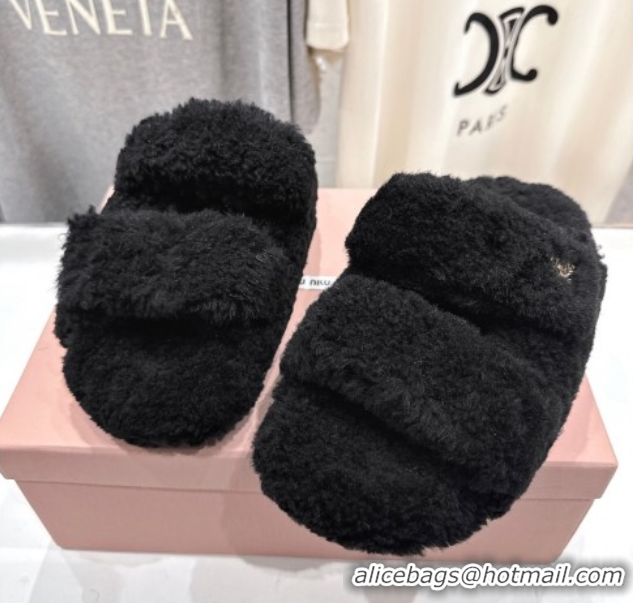 Good Looking Miu Miu Shearling Strap Flat Slides Sandal Black 2025 MIU071001