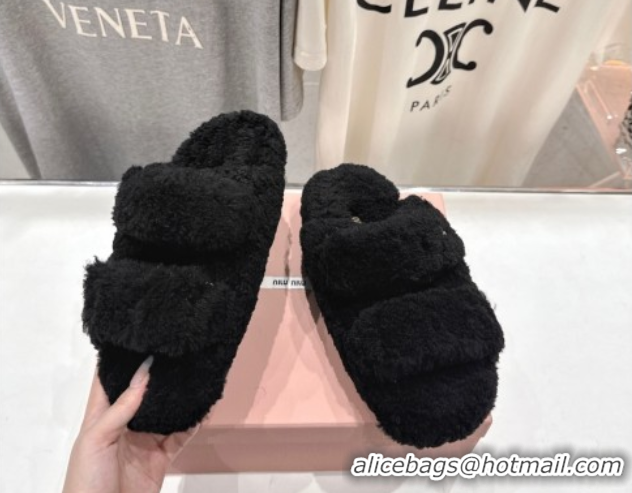 Good Looking Miu Miu Shearling Strap Flat Slides Sandal Black 2025 MIU071001