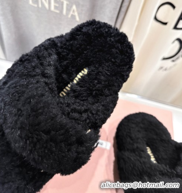 Good Looking Miu Miu Shearling Strap Flat Slides Sandal Black 2025 MIU071001