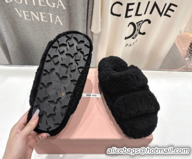 Good Looking Miu Miu Shearling Strap Flat Slides Sandal Black 2025 MIU071001