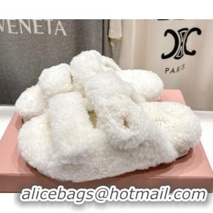 Crafted Miu Miu Shearling Strap Flat Slides Sandal White 2025 MIU071001