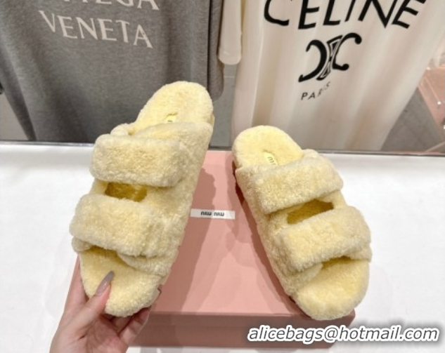 Good Product Miu Miu Shearling Strap Flat Slides Sandal Yellow 2025 MIU071001
