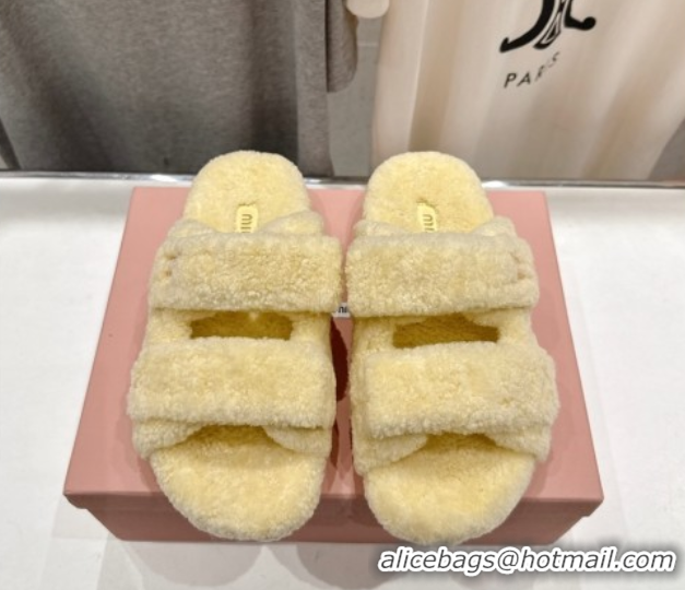 Good Product Miu Miu Shearling Strap Flat Slides Sandal Yellow 2025 MIU071001