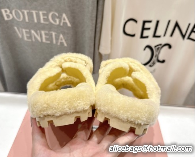 Good Product Miu Miu Shearling Strap Flat Slides Sandal Yellow 2025 MIU071001