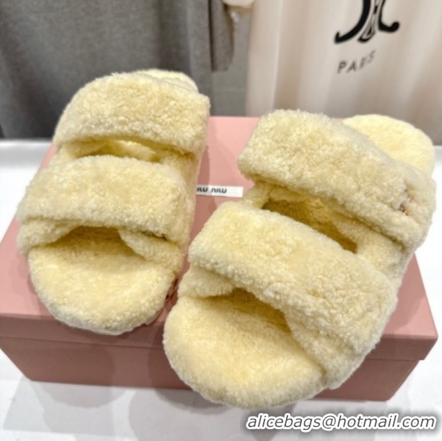 Good Product Miu Miu Shearling Strap Flat Slides Sandal Yellow 2025 MIU071001