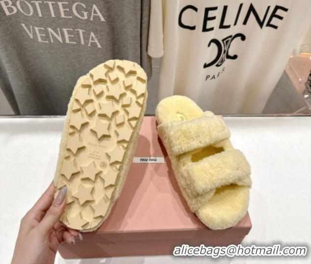 Good Product Miu Miu Shearling Strap Flat Slides Sandal Yellow 2025 MIU071001