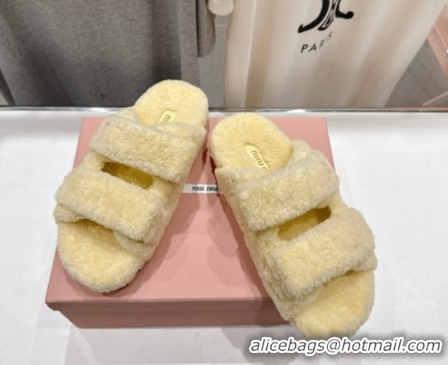 Good Product Miu Miu Shearling Strap Flat Slides Sandal Yellow 2025 MIU071001