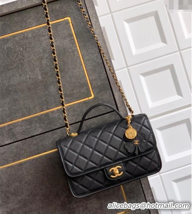 Famous Brand Chanel Grained Shiny Calfskin Flap Bag with Top Handle AS3653 Black 2025