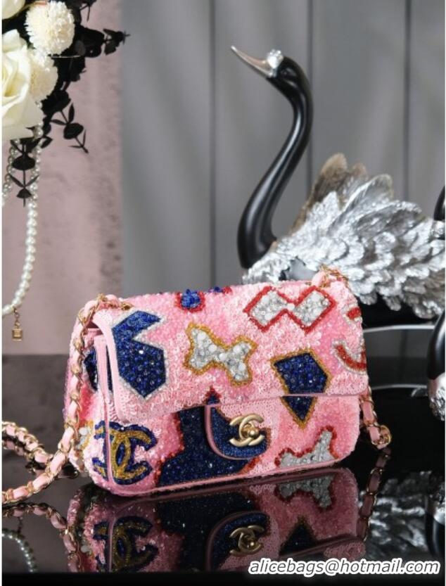 Top Quality Chanel Sequins Mini Classic Flap Bag A69900 Pink 2025