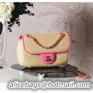 Best Quality Chanel Raffia Straw and Calfskin Large Flap Bag AS5929 Beige/Pink 2025