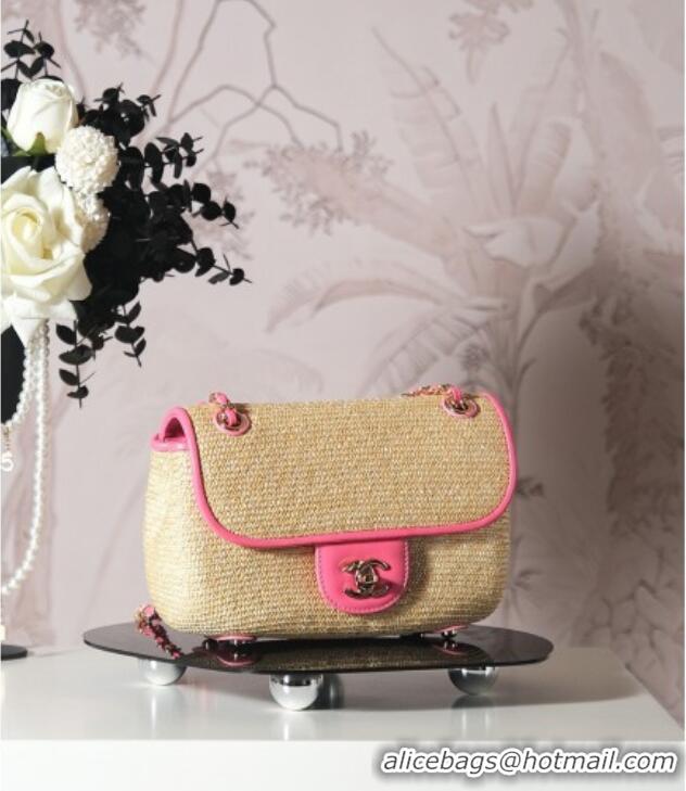 Best Quality Chanel Raffia Straw and Calfskin Large Flap Bag AS5929 Beige/Pink 2025