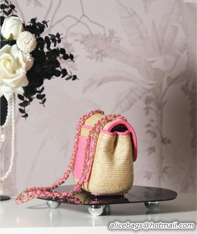 Best Quality Chanel Raffia Straw and Calfskin Large Flap Bag AS5929 Beige/Pink 2025
