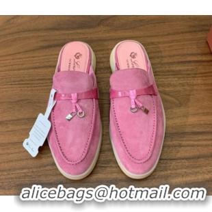 Pretty Style Loro Piana Charms Walk Babouche Loafer Mules in Suede and Crocodile-Like Leaher Inserts Light Fuchsia Pink 