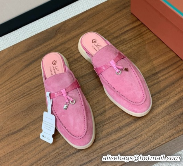 Pretty Style Loro Piana Charms Walk Babouche Loafer Mules in Suede and Crocodile-Like Leaher Inserts Light Fuchsia Pink 
