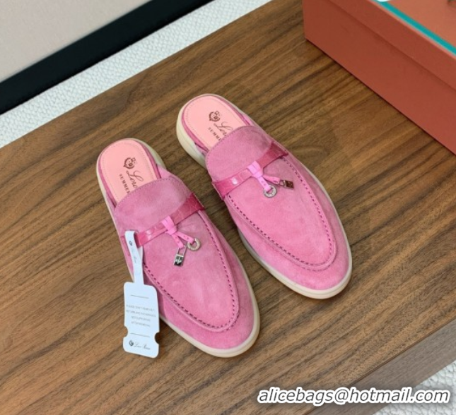 Pretty Style Loro Piana Charms Walk Babouche Loafer Mules in Suede and Crocodile-Like Leaher Inserts Light Fuchsia Pink 