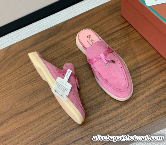 Pretty Style Loro Piana Charms Walk Babouche Loafer Mules in Suede and Crocodile-Like Leaher Inserts Light Fuchsia Pink 
