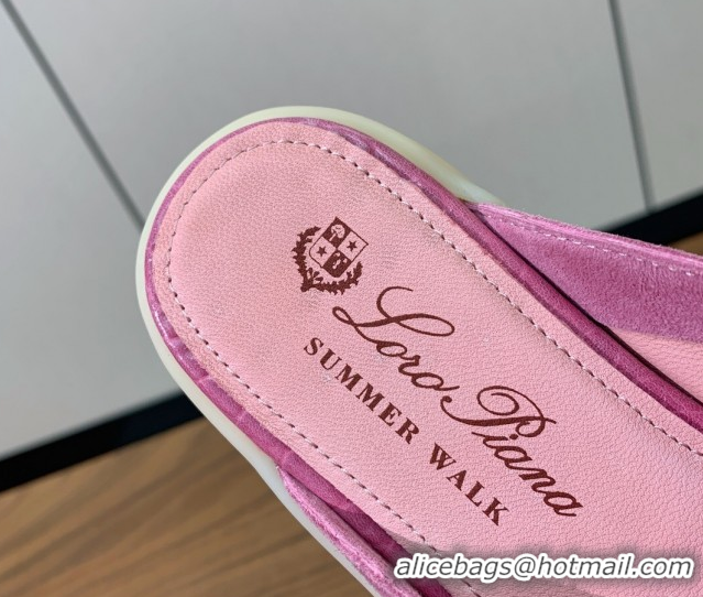 Pretty Style Loro Piana Charms Walk Babouche Loafer Mules in Suede and Crocodile-Like Leaher Inserts Light Fuchsia Pink 