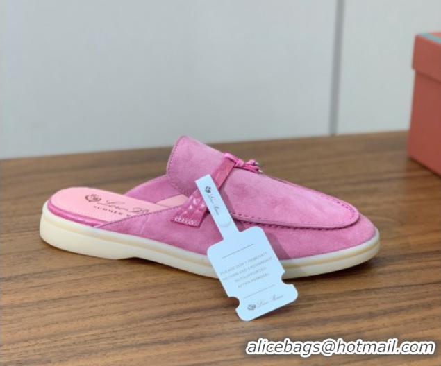 Pretty Style Loro Piana Charms Walk Babouche Loafer Mules in Suede and Crocodile-Like Leaher Inserts Light Fuchsia Pink 