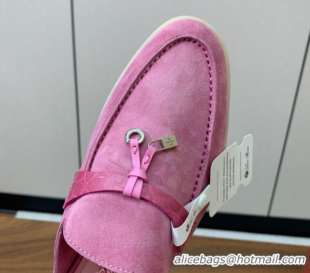 Pretty Style Loro Piana Charms Walk Babouche Loafer Mules in Suede and Crocodile-Like Leaher Inserts Light Fuchsia Pink 