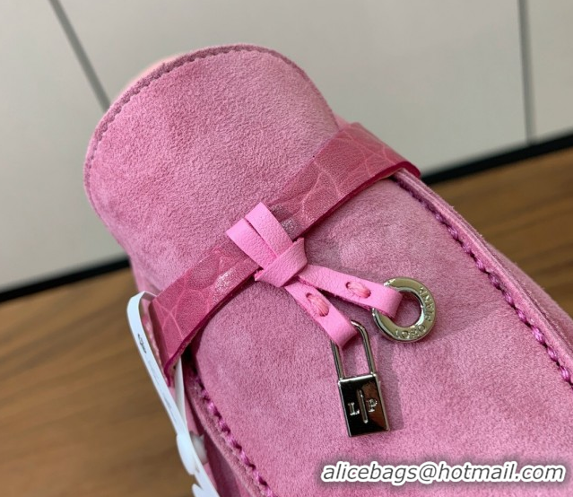 Pretty Style Loro Piana Charms Walk Babouche Loafer Mules in Suede and Crocodile-Like Leaher Inserts Light Fuchsia Pink 