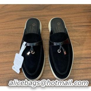 Luxurious Loro Piana Charms Walk Babouche Loafer Mules in Suede and Crocodile-Like Leaher Inserts Black 0708012