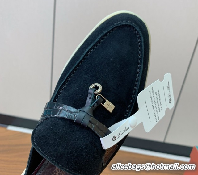 Luxurious Loro Piana Charms Walk Babouche Loafer Mules in Suede and Crocodile-Like Leaher Inserts Black 0708012