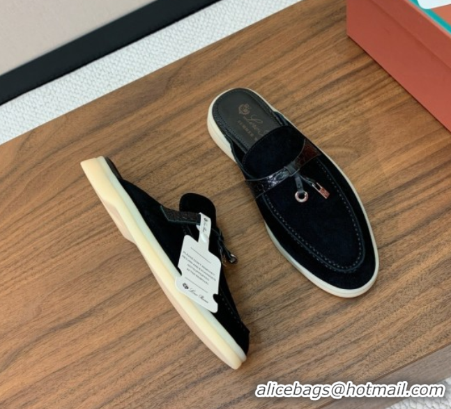Luxurious Loro Piana Charms Walk Babouche Loafer Mules in Suede and Crocodile-Like Leaher Inserts Black 0708012