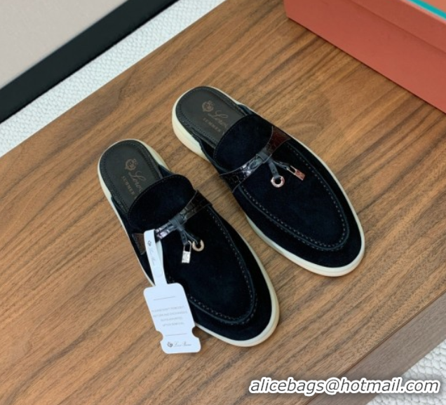 Luxurious Loro Piana Charms Walk Babouche Loafer Mules in Suede and Crocodile-Like Leaher Inserts Black 0708012