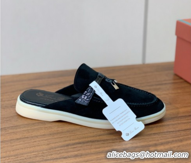 Luxurious Loro Piana Charms Walk Babouche Loafer Mules in Suede and Crocodile-Like Leaher Inserts Black 0708012