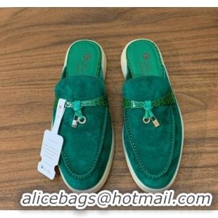 Good Quality Loro Piana Charms Walk Babouche Loafer Mules in Suede and Crocodile-Like Leaher Inserts Dark Green 0708014
