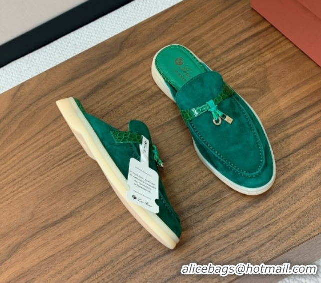 Good Quality Loro Piana Charms Walk Babouche Loafer Mules in Suede and Crocodile-Like Leaher Inserts Dark Green 0708014