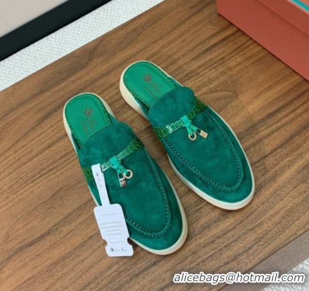 Good Quality Loro Piana Charms Walk Babouche Loafer Mules in Suede and Crocodile-Like Leaher Inserts Dark Green 0708014