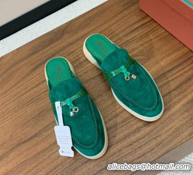 Good Quality Loro Piana Charms Walk Babouche Loafer Mules in Suede and Crocodile-Like Leaher Inserts Dark Green 0708014