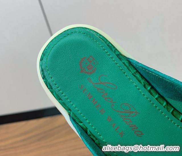 Good Quality Loro Piana Charms Walk Babouche Loafer Mules in Suede and Crocodile-Like Leaher Inserts Dark Green 0708014