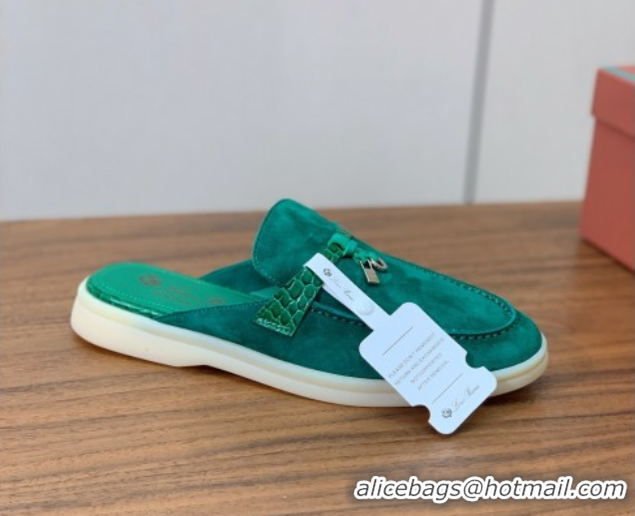 Good Quality Loro Piana Charms Walk Babouche Loafer Mules in Suede and Crocodile-Like Leaher Inserts Dark Green 0708014