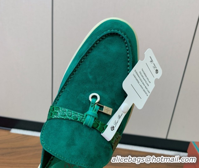 Good Quality Loro Piana Charms Walk Babouche Loafer Mules in Suede and Crocodile-Like Leaher Inserts Dark Green 0708014