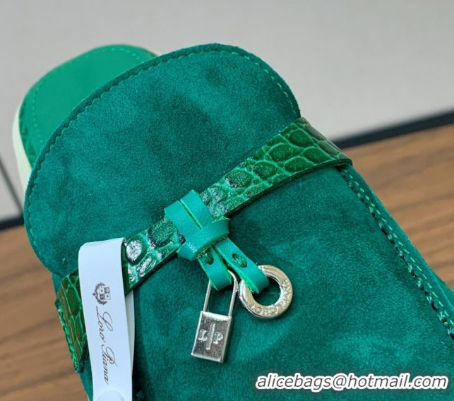 Good Quality Loro Piana Charms Walk Babouche Loafer Mules in Suede and Crocodile-Like Leaher Inserts Dark Green 0708014