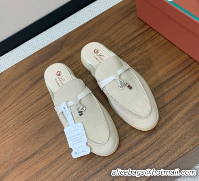 Most Popular Loro Piana Charms Walk Babouche Loafer Mules in Suede and Crocodile-Like Leaher Inserts Light Apricot 07080