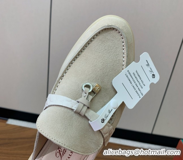 Most Popular Loro Piana Charms Walk Babouche Loafer Mules in Suede and Crocodile-Like Leaher Inserts Light Apricot 07080