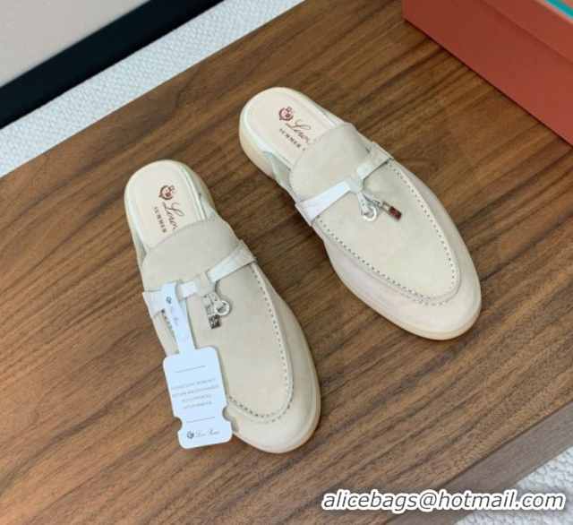 Most Popular Loro Piana Charms Walk Babouche Loafer Mules in Suede and Crocodile-Like Leaher Inserts Light Apricot 07080
