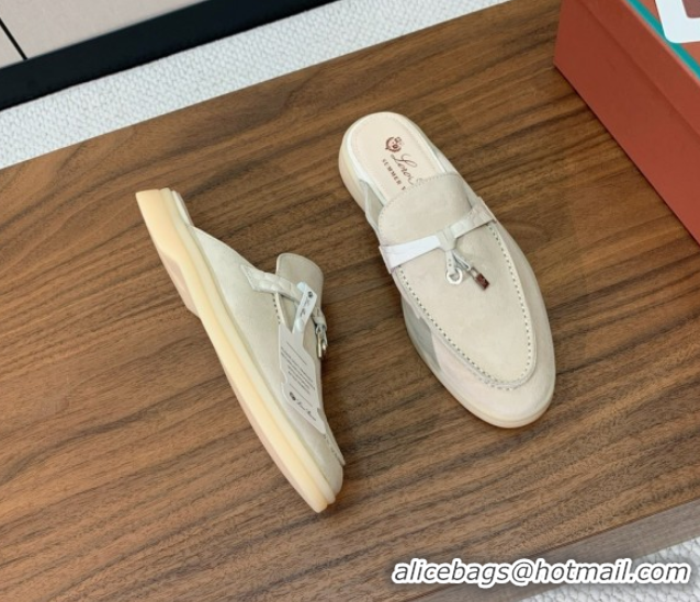 Most Popular Loro Piana Charms Walk Babouche Loafer Mules in Suede and Crocodile-Like Leaher Inserts Light Apricot 07080